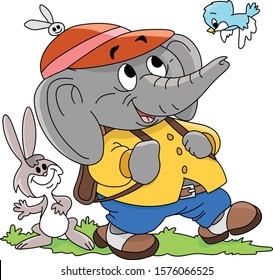 Cartoon elephant with his backpack going to school happily vector illustration