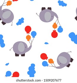 cartoon elephant holding a balloon, vector illustration, cloud as an ornament, suitable for printing design