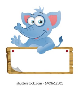 Cartoon Elephant holding a big wooden signage board