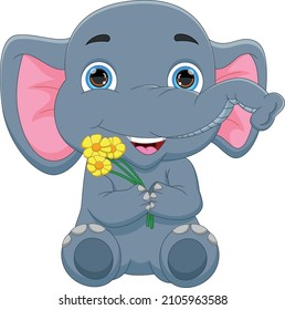 cartoon elephant holding flowers isolated on white background