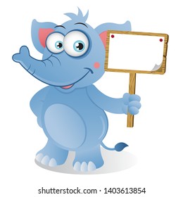 Cartoon Elephant holding a small wooden blank signage board with one hand