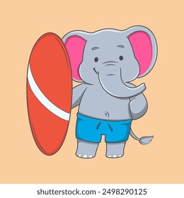 Cartoon Elephant sostiene una tabla de surf y lleva pantalones cortos azules