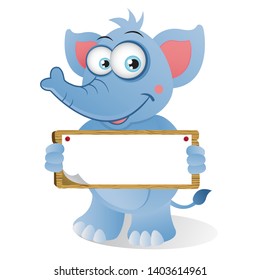 Cartoon Elephant holding a wooden signage board with both hands