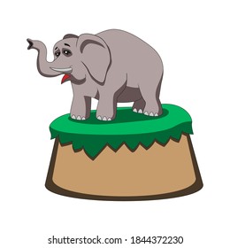 cartoon elephant holds its trunk up while standing on a hill on a white isolated background. Vector image eps