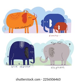 Cartoon elephant icon character set vector illustration. Cute animal drawing on kid style.