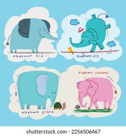 Cartoon elephant icon character set vector illustration. Cute animal drawing on kid style.