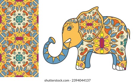Cartoon elephant illustration and seamless artistic pattern, colorful hand drawn ornament. Cute childish design. Vector doodle background for wallpaper, pattern fills, textile fabric print