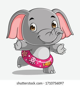 Cartoon elephant with inflatable ring, Hand drawn