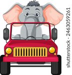 Cartoon elephant in a jeep, looking cheerful