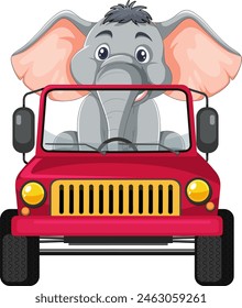 Cartoon elephant in a jeep, looking cheerful