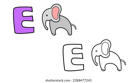 Cartoon elephant and letter E coloring book vector illustration for children