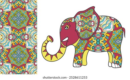 Cartoon elephant lettering illustration and seamless artistic pattern, colorful hand drawn ornament. Cute childish design. Vector doodle background for wallpaper, pattern fills, textile fabric print