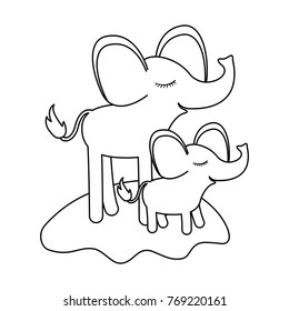 cartoon elephant mom and calf over grass in monochrome silhouette