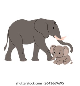 Cartoon elephant mother and baby, cute wild animals, flat vector illustration, hand drawn African safari family, isolated on white background, simple wildlife design for kids. Vector illustration