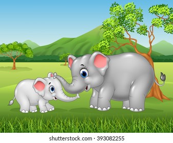 Cartoon elephant mother and calf bonding relationship in the jungle