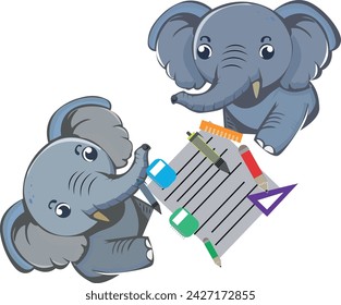 Un elefante de dibujos animados con un cuaderno. Nuestro diseño es adecuado para cubiertas de libros para niños.