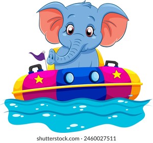 Cartoon elephant on a colorful boat in water