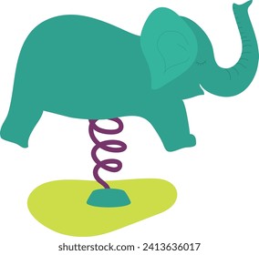 Cartoon elephant on spring, playful teal elephant bouncing. Cute whimsical childish artwork vector illustration.