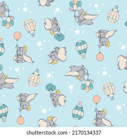 Cartoon elephant pattern with several holding balloons, vector illustration, hot air balloon and stars as a combination, suitable for design printing.