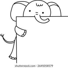 A cartoon elephant peeks from behind a blank sign in a playful line art style. The elephant's trunk and ears are drawn with simple, bold lines. Cartoon vector illustration.