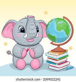 Cartoon elephant with a pencil and a globe on the books. School animals vector illustration on a yellow background.