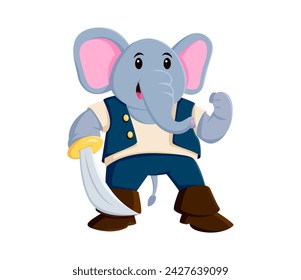 Cartoon elephant pirate animal character wields a saber with a mischievous grin. Isolated vector tropical personage wearing sailor costume and boots, ready for adventure and searching hidden treasures