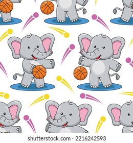 Cartoon elephant playing basketball seamless pattern design 