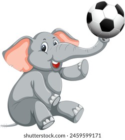 Cartoon elephant playing with a black and white soccer ball