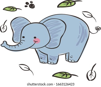 
Cartoon elephant playing with leaves