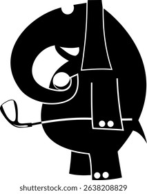 Cartoon elephant plays golf. 
Funny elephant holds a golf club, a ball in the trunk. Black and white illustration
