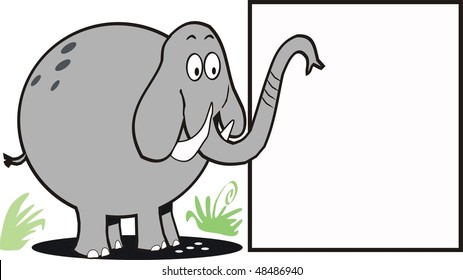 Cartoon of elephant pointing trunk at blank sign.