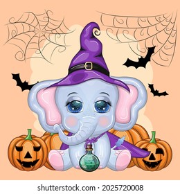 Cartoon elephant with a potion and a broom in a purple witch hat and cloak on the background of the castle, pumpkin, moon. Halloween poster