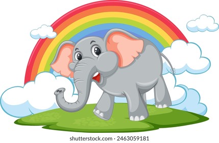 Cartoon elephant with rainbow on a sunny day