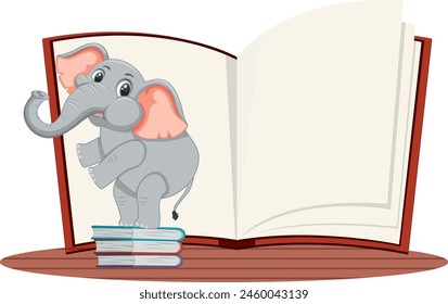 Cartoon elephant reading an open book illustration