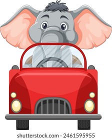 Cartoon elephant in a red car illustration