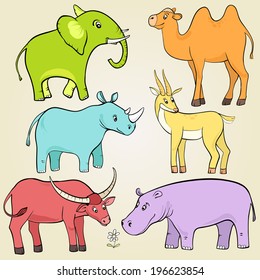 cartoon elephant, rhino, bull, hippo, antelope and camel