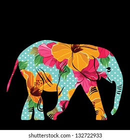 Cartoon elephant. The silhouette of the elephant collected from flower pattern.