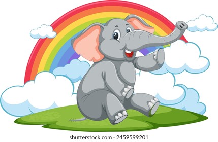 Cartoon elephant sitting under a vibrant rainbow