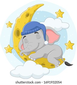 Cartoon elephant sleeping on the moon