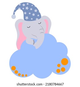Der Cartoon-Elefant schläft auf einer Wolke. Gute Nacht, lullaby Thema. Vektorgrafik einzeln auf weißem Hintergrund