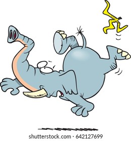 cartoon elephant slipping on a banana peel