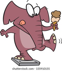 Cartoon elephant standing on scale with one leg