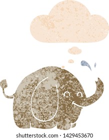 cartoon elephant with thought bubble in grunge distressed retro textured style