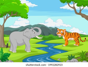 Cartoon elephant and tiger in the jungle