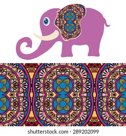 Cartoon elephant with tribal ethnic ornament geometric seamless pattern.