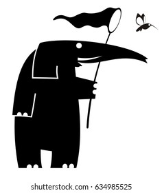 Cartoon elephant trying to catch a bird using butterfly net