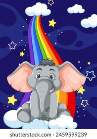 Cartoon elephant under a colorful rainbow at night