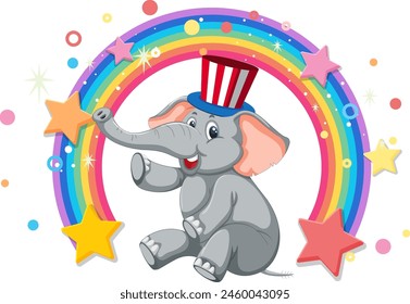 Cartoon elephant under a vibrant rainbow arch