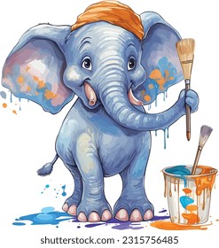 Cartoon The Elephant Is Very Happy Painting, Tshirt Design , Vector illustration