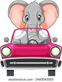 Cartoon elephant in a vibrant pink car